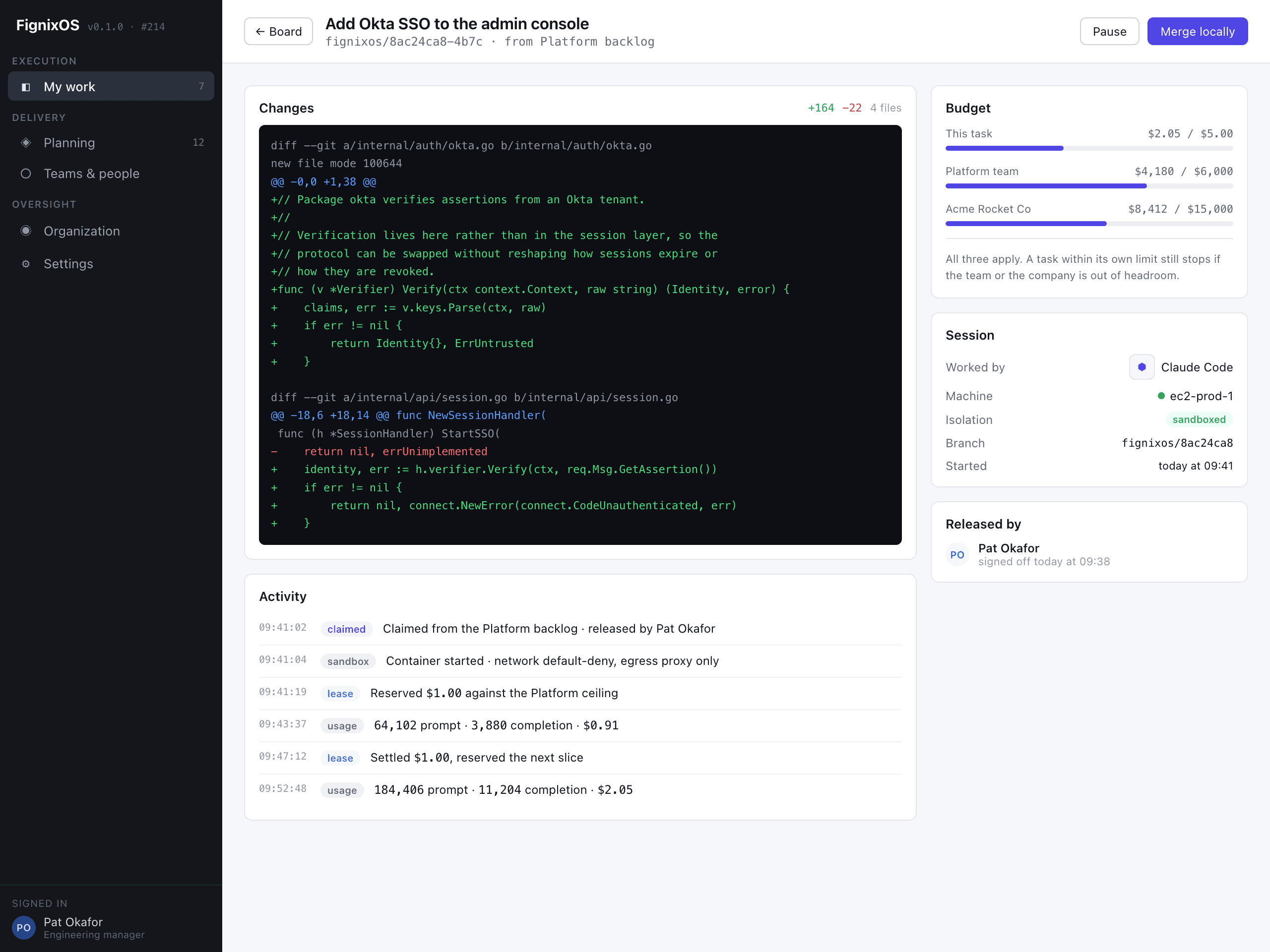 FignixOS agent session showing code changes, task and organization budgets, isolation state, release owner, and activity history