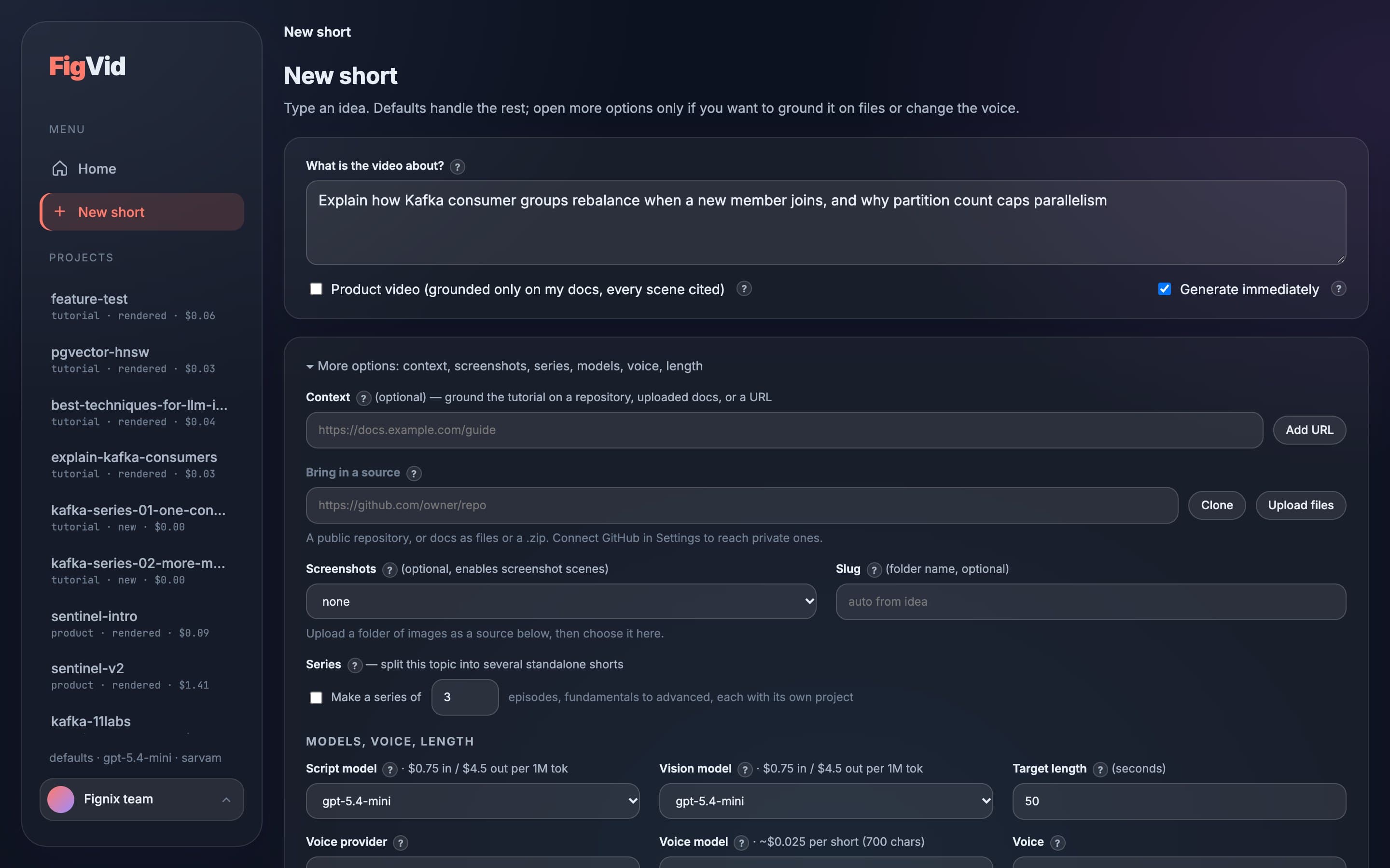 FigVid new short form with an idea typed in and options for context, screenshots, series, models, voice, and length