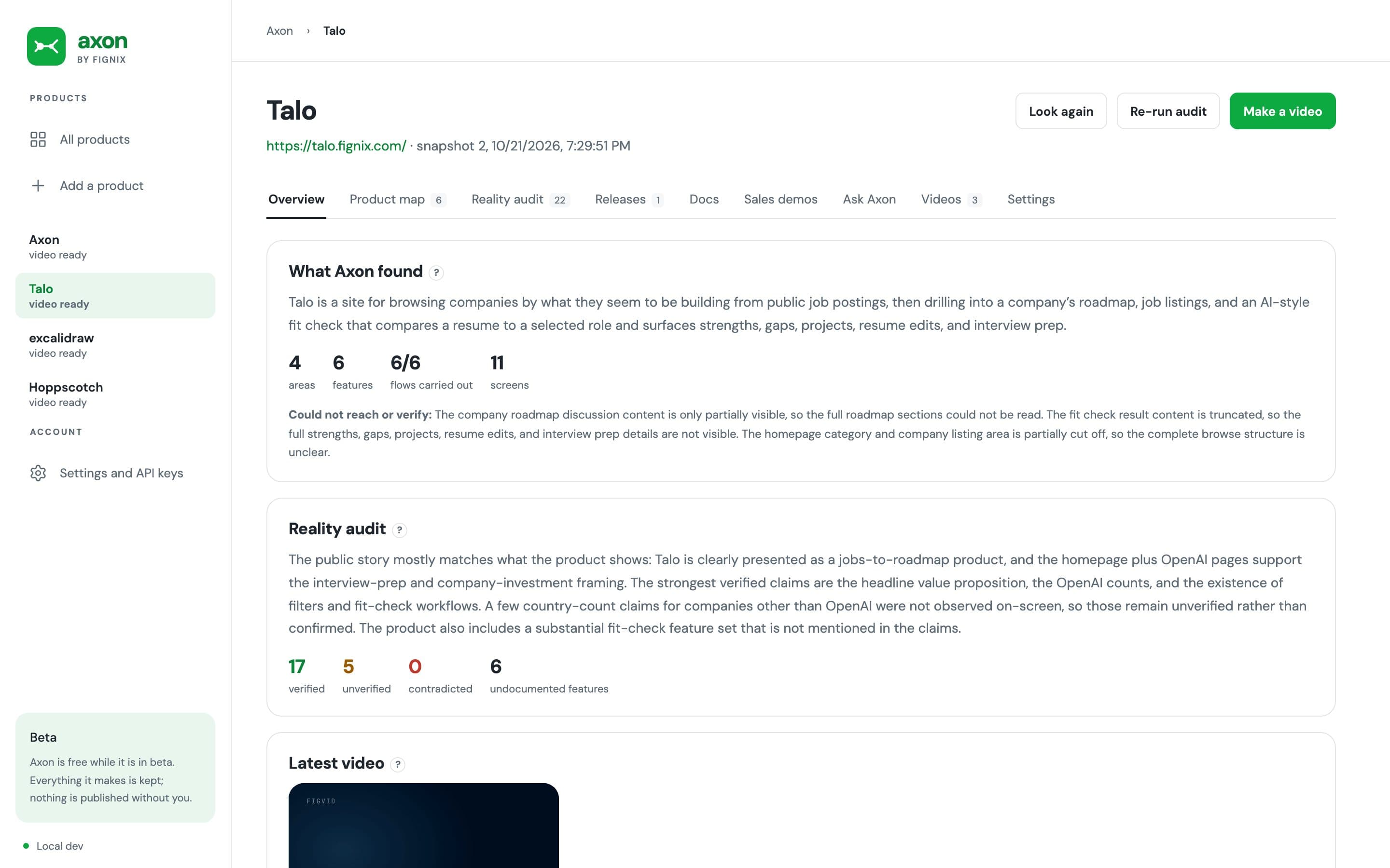 Axon's overview of Talo: what Axon found in four areas, six features and eleven screens, the reality audit counts, and the latest video.